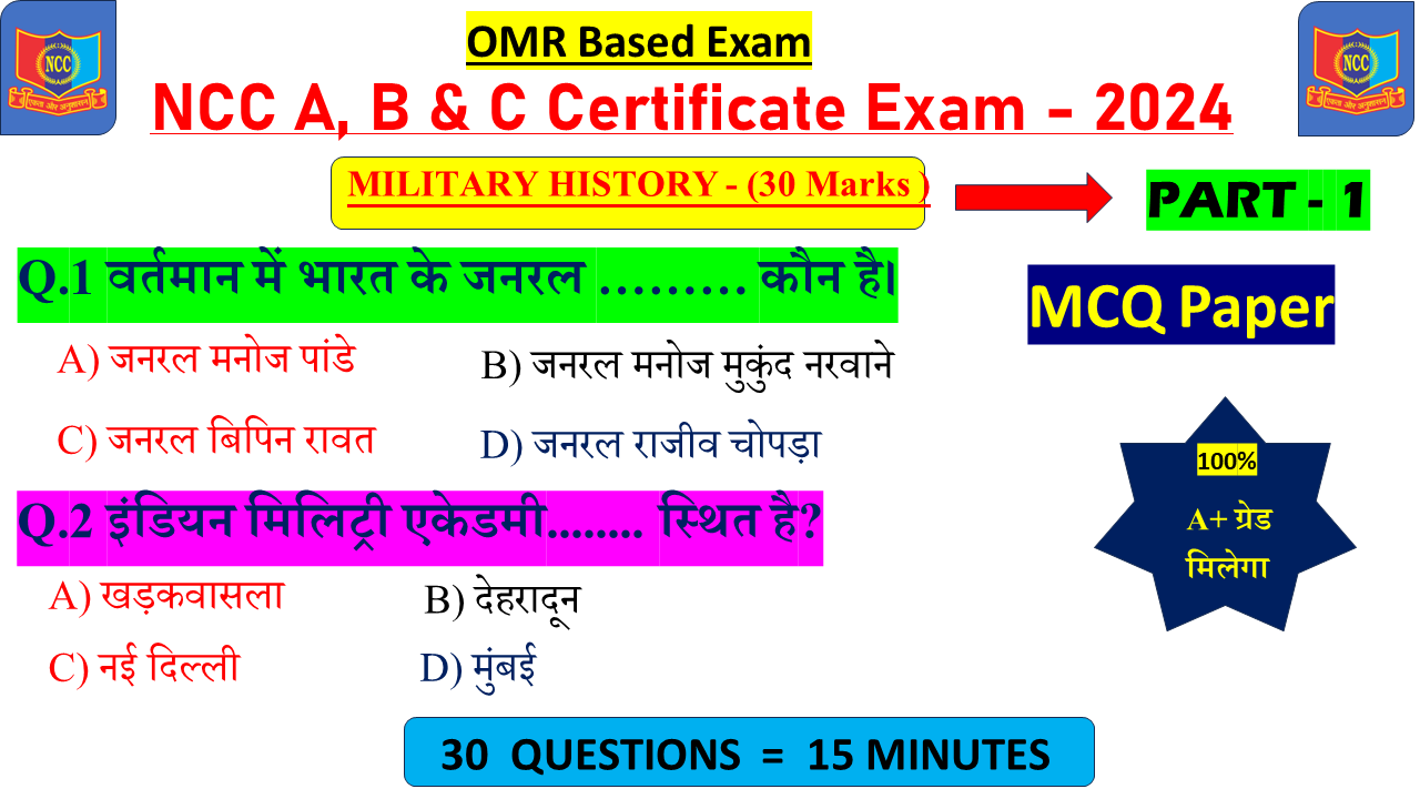 Military History NCC MCQ Objective Questions and Answers in hindi 2024