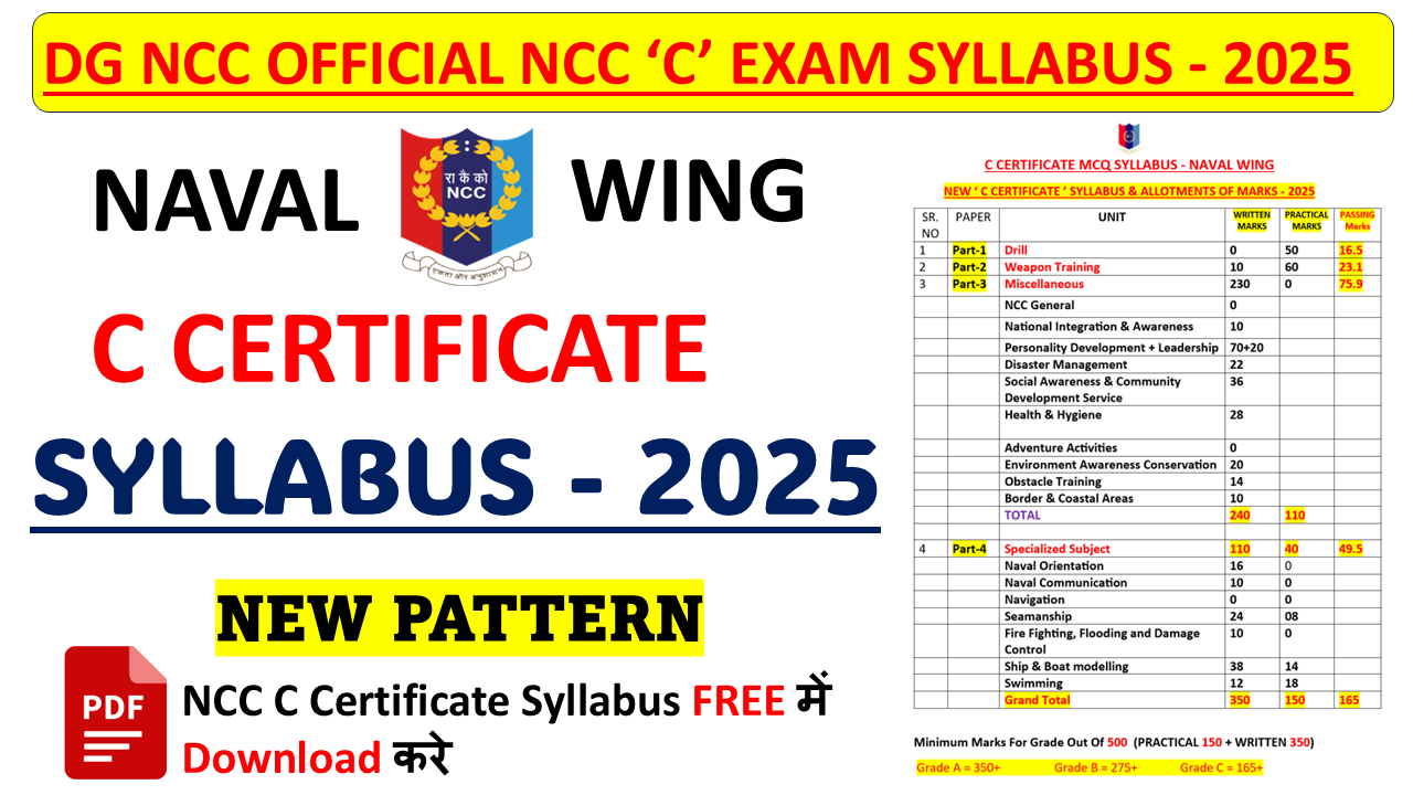 NCC C Certificate Naval wing Syllabus and Allotments of Marks - 2025 | NCC C Certificate MCq Exam Syllabus ENGLISH - 2025 | NCC C Certificate Naval wing MCQ Exam Syllabus pdf